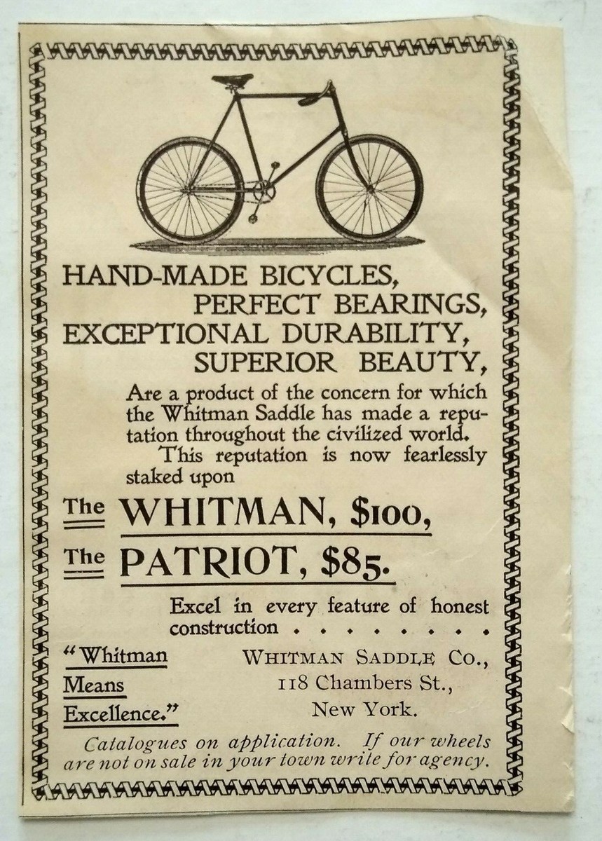 Vintage Print Ad Antique Whitman Bicycle Patriot New York