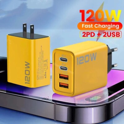 4-fach Schnellladegerät 120W Netzteil 2x USB-C + 2x USB Charger Mehrfach Stecker