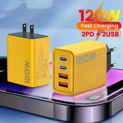 4-fach Schnellladegerät 120W Netzteil 2x USB-C +2x USB Charger Mehrfach Stecker - Bild 1 von 4