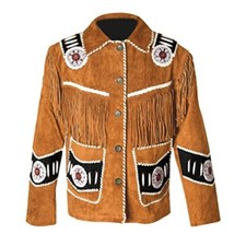 Women Golden Brown Suede Leather Jacket Fringed  Beaded - American Native