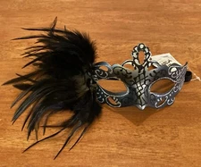 New Silver Venetian Carnival Black Feather Masquerade Mask Mardi Gras Halloween