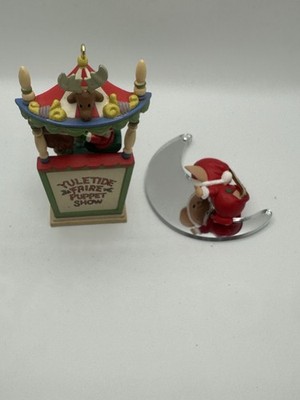 Enesco Yuletide Faire 2 Vintage Christmas Ornaments Ye Olde Puppet Show & Mouse