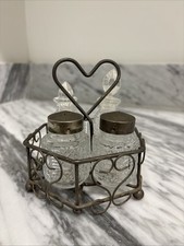 Vintage CRUET SET 5-piece Condiment Glass Metal Carrier Oil Vinegar Salt Pepper