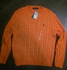 NEW POLO Ralph Lauren Men  s Orange Cable Knit Cotton Sweater XL MSRP 138