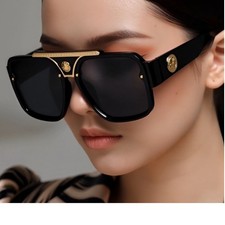 Luxury Oversized Square Sunglasses Black Gold Accent Women Clebrity Style Lentes