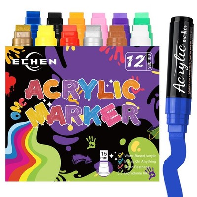 12 Colors Jumbo Acrylic Paint Markers 15mm Waterproof Permanent Paint Pens fo