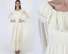 Vtg 70s Cream Prairie Dress Lace Cottagecore Peasant Bridal Wedding Plain Gown