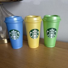 Starbucks Reusable Hot Cups Set Of 3 Lidded Coffee Tumblers Blue Yellow Green 