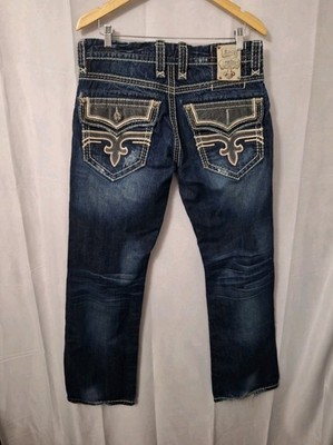 Rock Revival Jeans Men Sz 32x32 Relaxed Blue Denim DINO Fluer De Lis Distressed