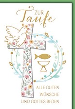 Biglietto Auguri Battesimo con Busta Croce Colomba Pesci con Lamina Oro