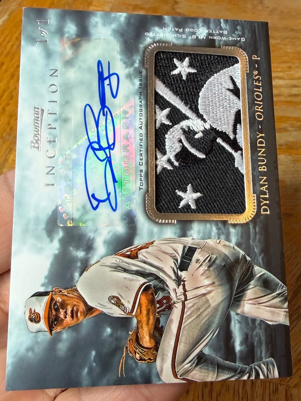 2013 Topps Bowman Inception Dylan Bundy Game Worn Silhouetted Logo auto 1/1 view 6