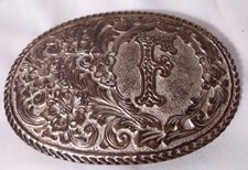 Crumrine Western Initial Belt Buckle "F" - Ornate Floral Engraving, silver plate