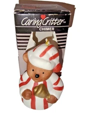 VTG 1980s Giftco Caring Critter Bear Bell Ornament Red & White Stripes Pajama
