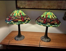 2 Tiffany Style Lamp Table Red Dragonfly Stained Glass Vintage 19