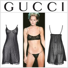 GUCCI By TOM FORD S/S 1998 Sexy Black Sheer Monogram Slip Dress Large RARE