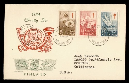 DR WHO 1954 FINLAND FDC INSECT/TB SEMI POST COMBO 3 ARROWS CACHET M78954