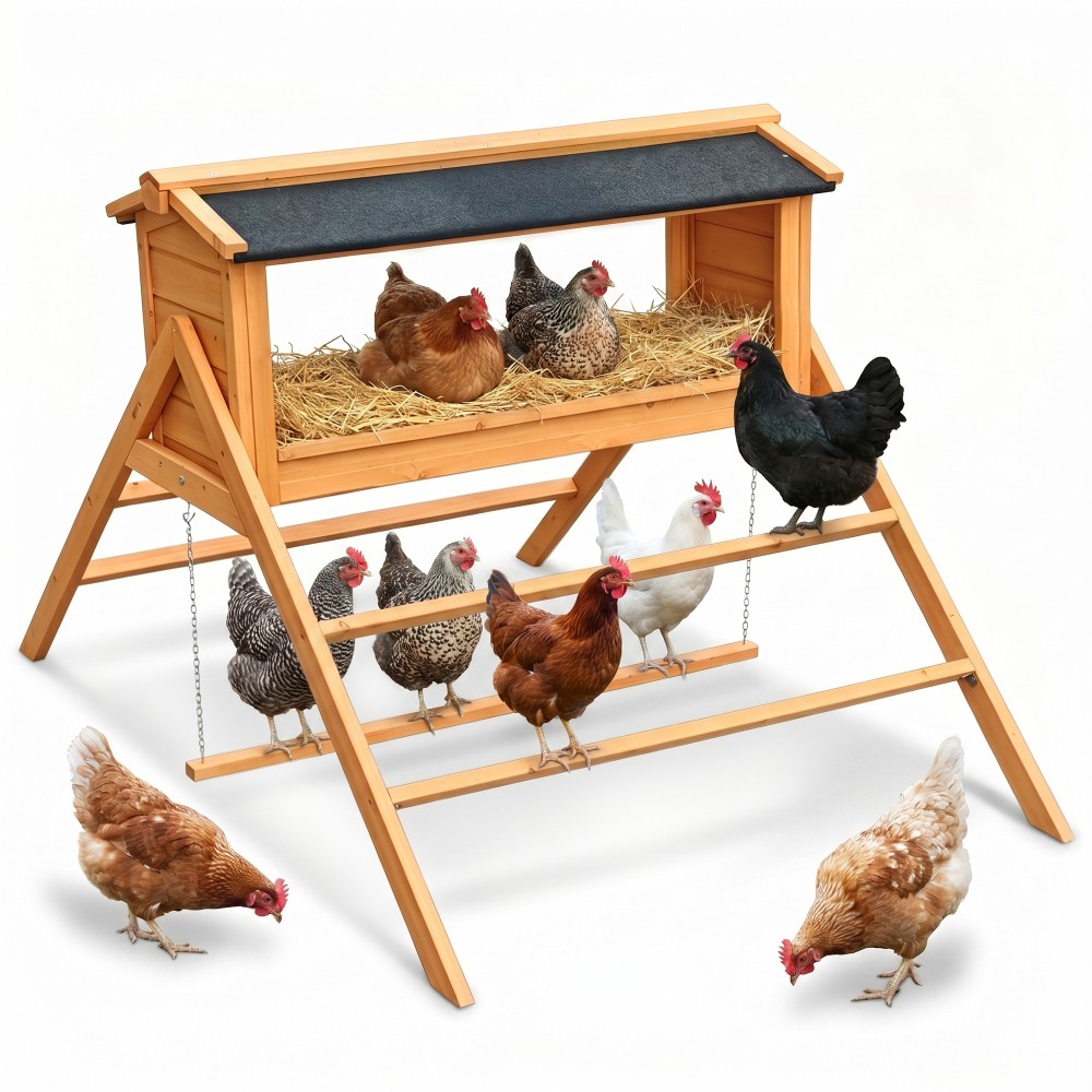 Chicken Nesting Box w/ Roof, Perch & Swing，Chicken Perch for Coop