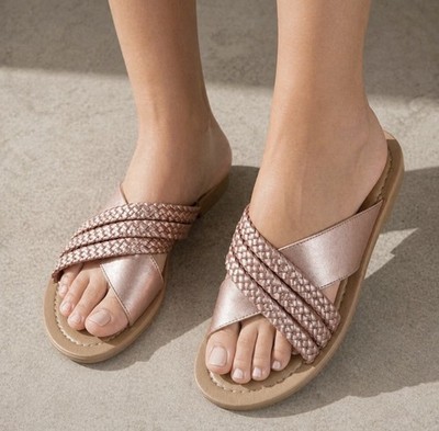 Pia di Fiore Damen Mules Sandalen Leder Roségold EU 36 flach Slip-On geflochten