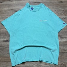 Vintage Champion Script Spellout Shirt Men's L Teal 80s Single Stitch USA Made