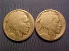 Two Buffalo Nickels: 1914-D and 1915-D; Acid treated dates