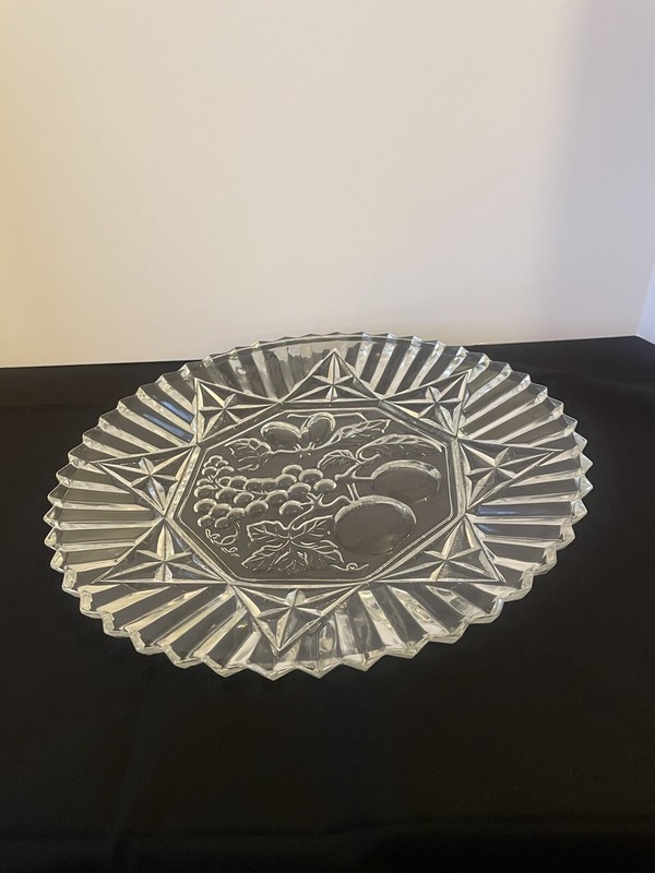 Vintage Sawtooth Plater with Fruit Design 11” Diameter Clear Glass
