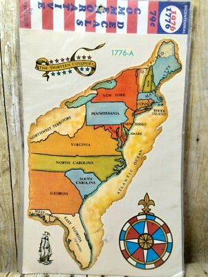 Vtg Thirteen  Colonies Map Meyercord Commemorative Decals Compass Home Decor