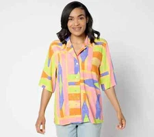 Attitudes by Renee Printed Woven Cabana Shirt-Southwest Twist-Small-NWT-A648362
