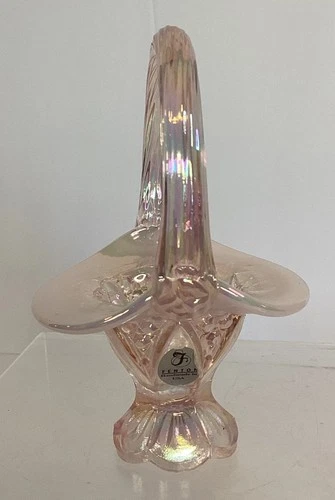 Vintage Fenton Art Glass Pink Iridescent Basket 4.5”