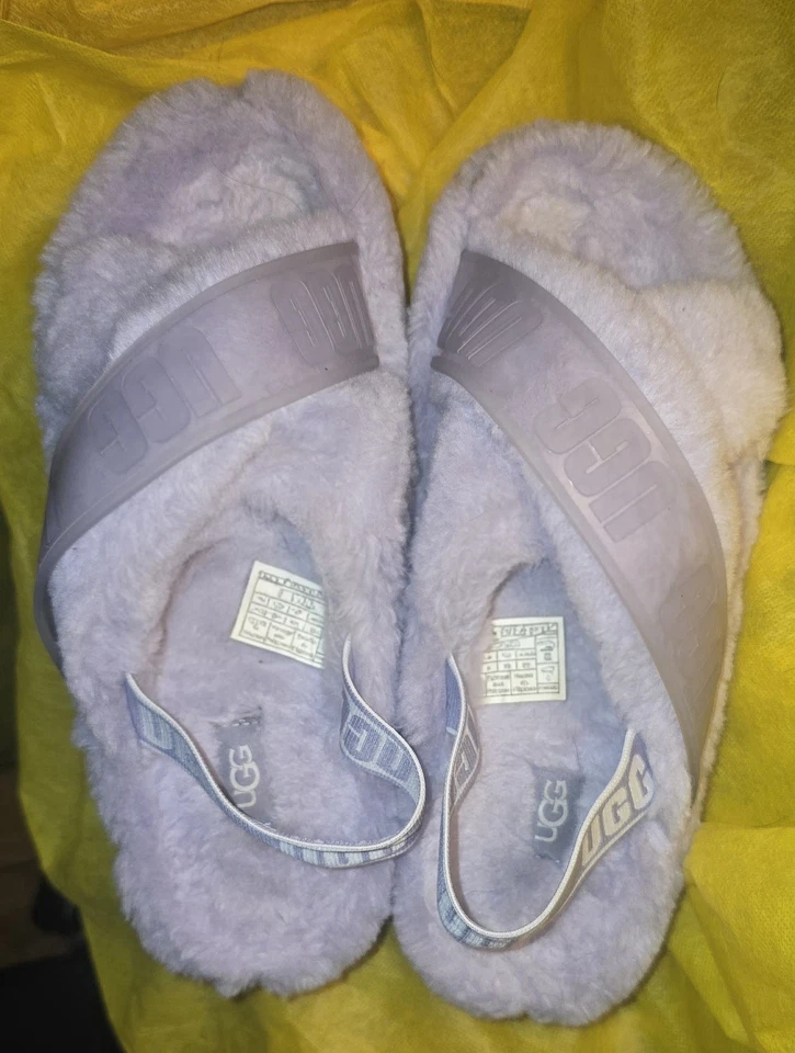 UGG FUZZITA SANDALIAS PLATAFORMA DESLIZABLES COLOR RARO LILA TRANSPARENTE PELUSA EE. UU. 8 NUEVAS SIN CAJA Foto 3 de 4
