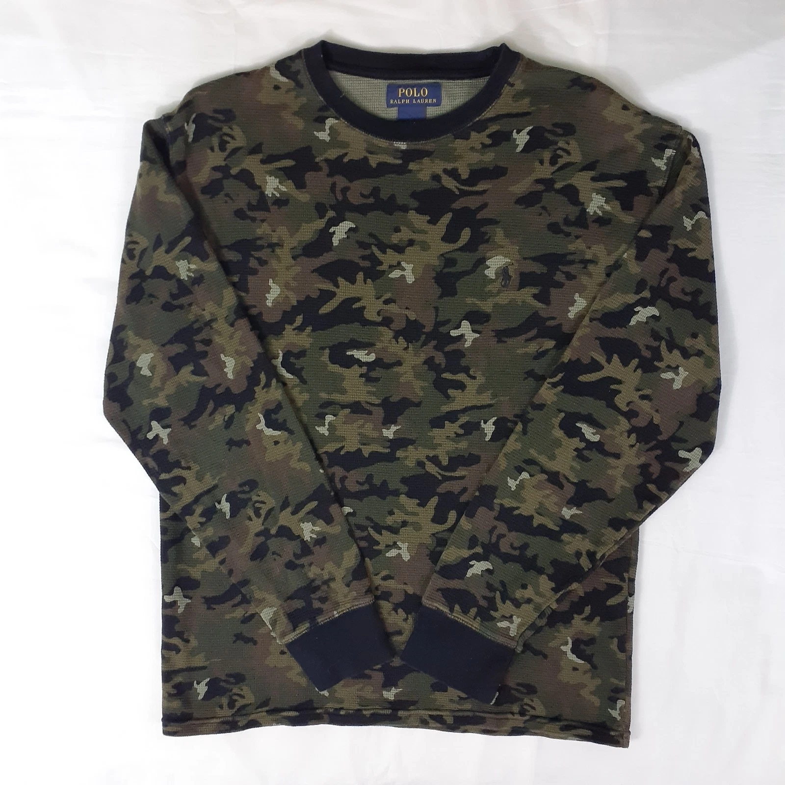Polo Ralph Lauren Thermal Shirt Mens L Green Camouflage Long Sleeve Waffle Knit