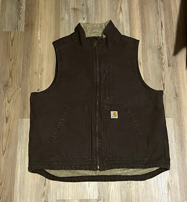 Carhartt Brown Sherpa Lined Full Zip Workwear Vest Stand-Up Collar Men L