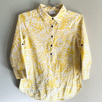 Columbia M Blouse Button Placket & 3/4 Sleeves Roll Up Tabs  100% Cotton Yellow