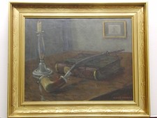 Gemälde Öl/Lwd  sign  Aage Frikke Stillleben Pfeife Buch Kerzenständer Dänemark