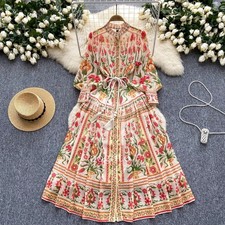 Round Neck Lantern Long-sleeved Single-breasted Printed Chiffon Dress Women's