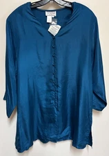 Vintage Venezia Vitale 100% Silk 3/4 Sleeve Tunic Blouse Blue Large