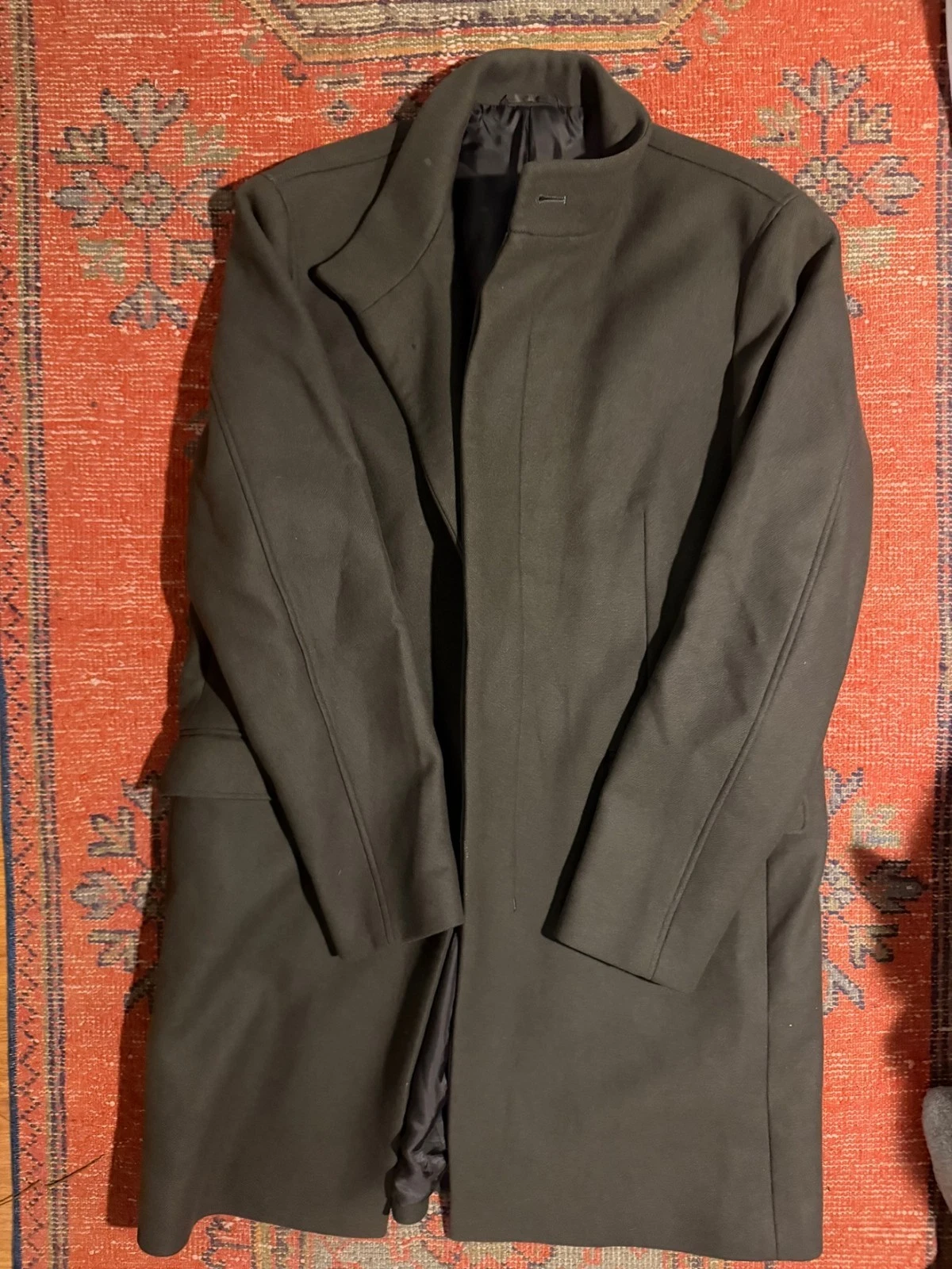 Men's Dark Charcoal Gray Wool Blend Overcoat Stand Collar Throat Tab Unbranded image 2