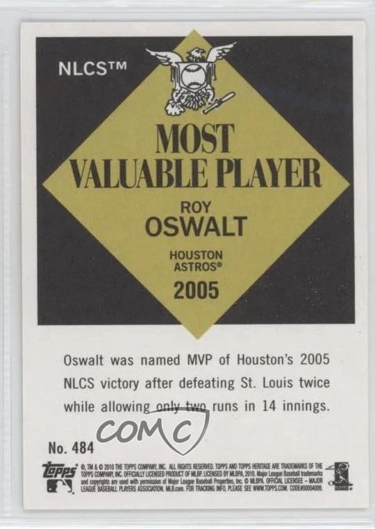 2010 Topps Heritage MVP High Number SP MVP Roy Oswalt #484 - Image 2 of 2