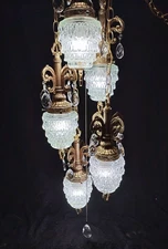 Hanging Swag Lamp 5 Tier Clear Crystal Teardrop Design Hollywood Regency Light