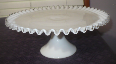 Fenton Cake Plate Stand Silver Crest Milk Glass Ruffled Pedestal