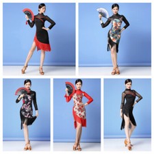 Abito Cheongsam Con Frange Mesh Stampa Per Ballo Salsa Tango Latino Samba Nuovo