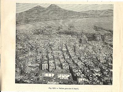 Stampa antica NAPOLI Veduta Generale con Vesuvio 1889 Old antique