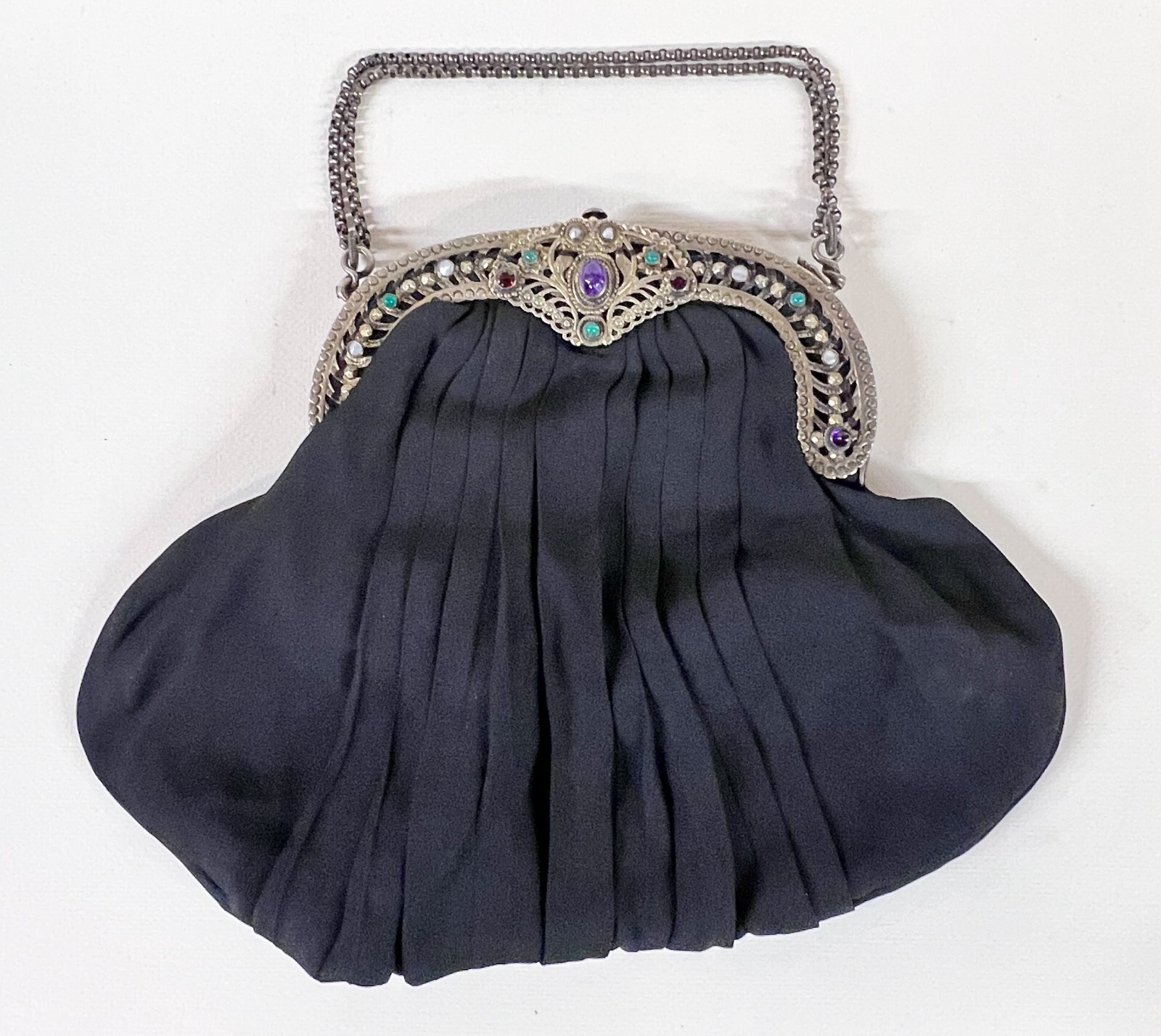 800 silver jeweled evening bag purse in black crepe c1920 image 2