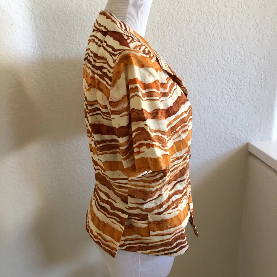 Blazer Rickie Freeman Teri Jon Vintage Talla 6 Lino Marrón Crema Top Abotonado Foto 3 de 4