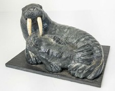 Vintage Carved Inuit Eskimo Native American Indian Stone Walrus Group Sculpture