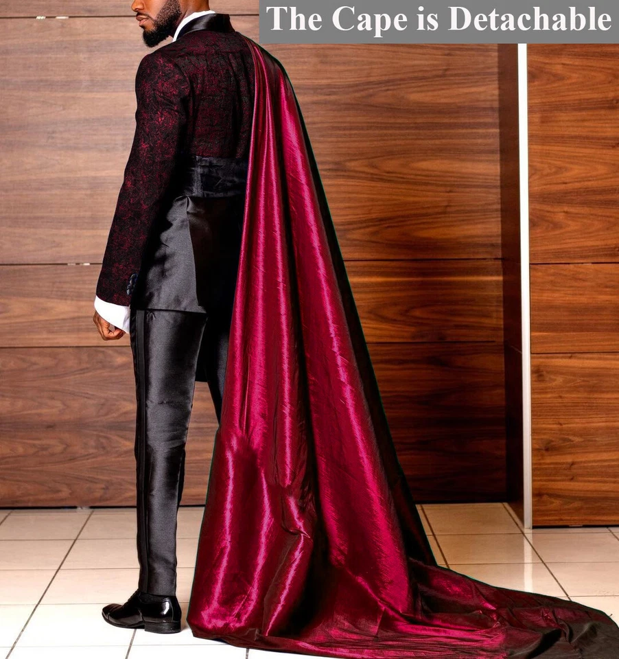 Traje de fiesta de banquete rojo de lujo para hombre con capa desmontable trajes de boda formales Foto 2 de 4