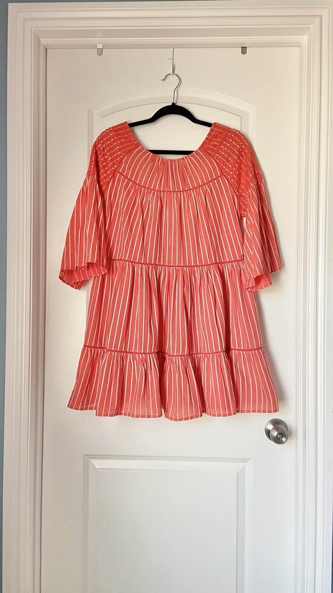 free people lola mini dress Free People Lola Embroidered Mini Dress Orange White Striped XS