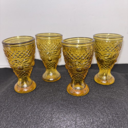 Cordial Glasses Four  Vintage Amber  1970s Taiwan Sandwich Pressed Liquor