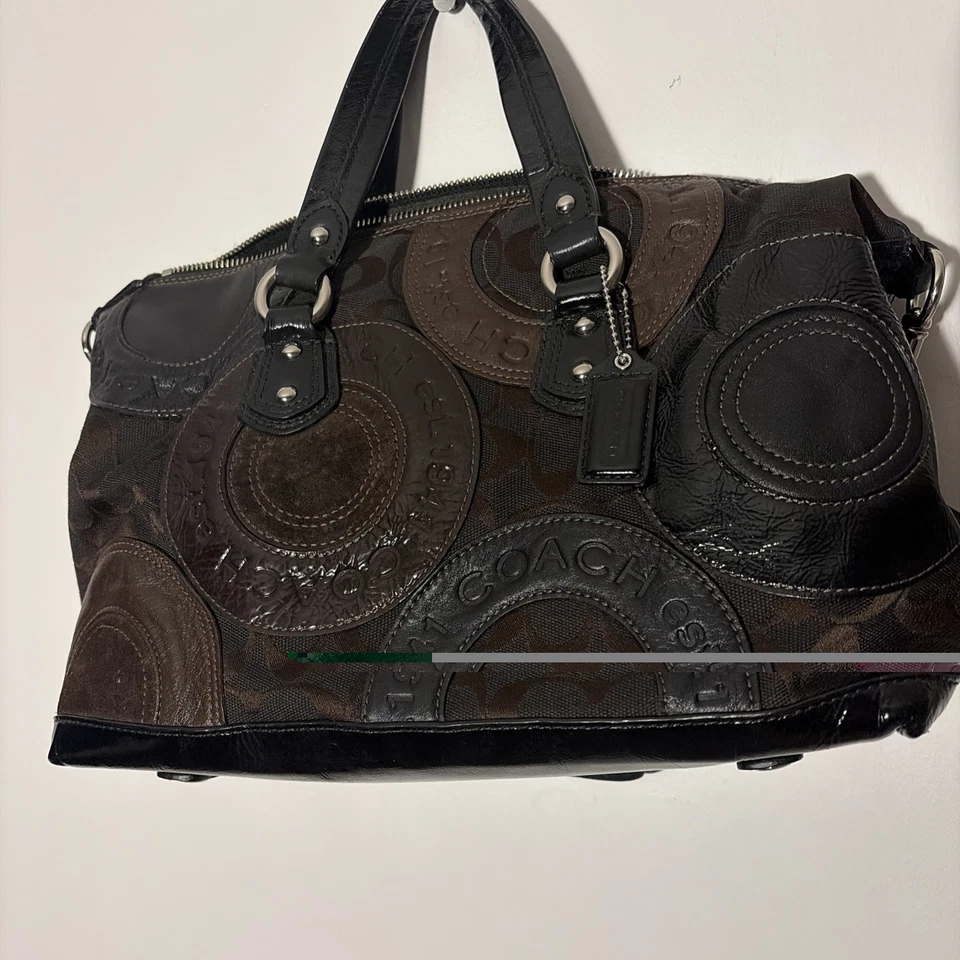 Vintage Coach Ashley Pieced Patchwork Snaphead Satchel Shoulder Bag Brown Black - Image 3 of 4