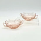 Set of 2 Anchor Hocking Pink Mayfair Open Rose 5" Cream Soup Bowls 2 Handles