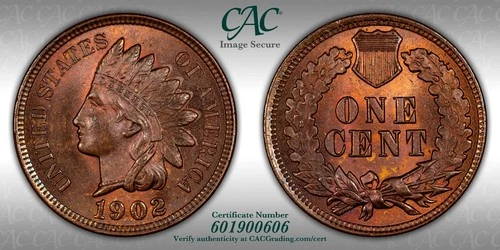 CACG MS-64 RB 1902 Indian Head Cent, Attractively Toned, Red-Brown specimen.